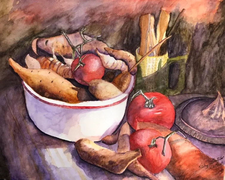 Painting of fruits and vegetables placed on the floor and in a bowl during Art Class near Great Hills, showing vibrant still life composition.