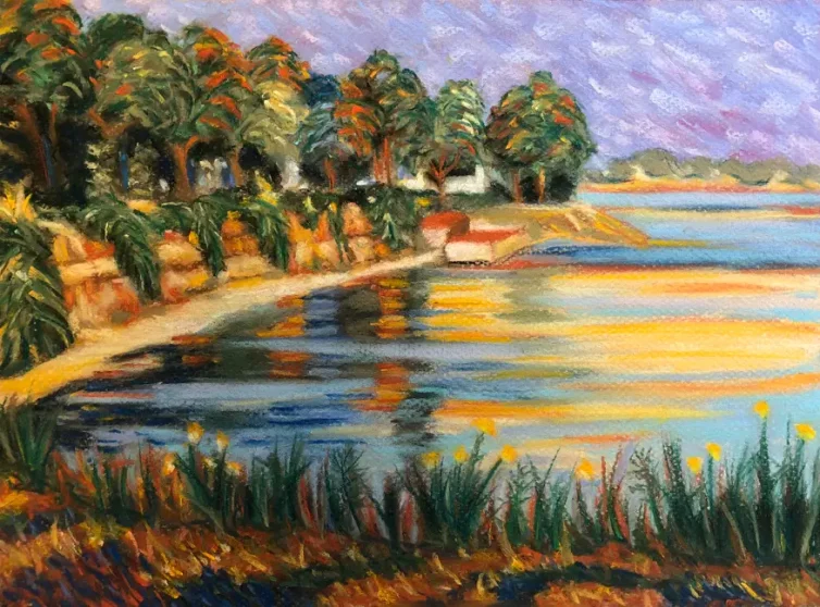 Scenic landscape painting created by adult student during Art Class in Dripping Springs, showcasing depth and color harmony