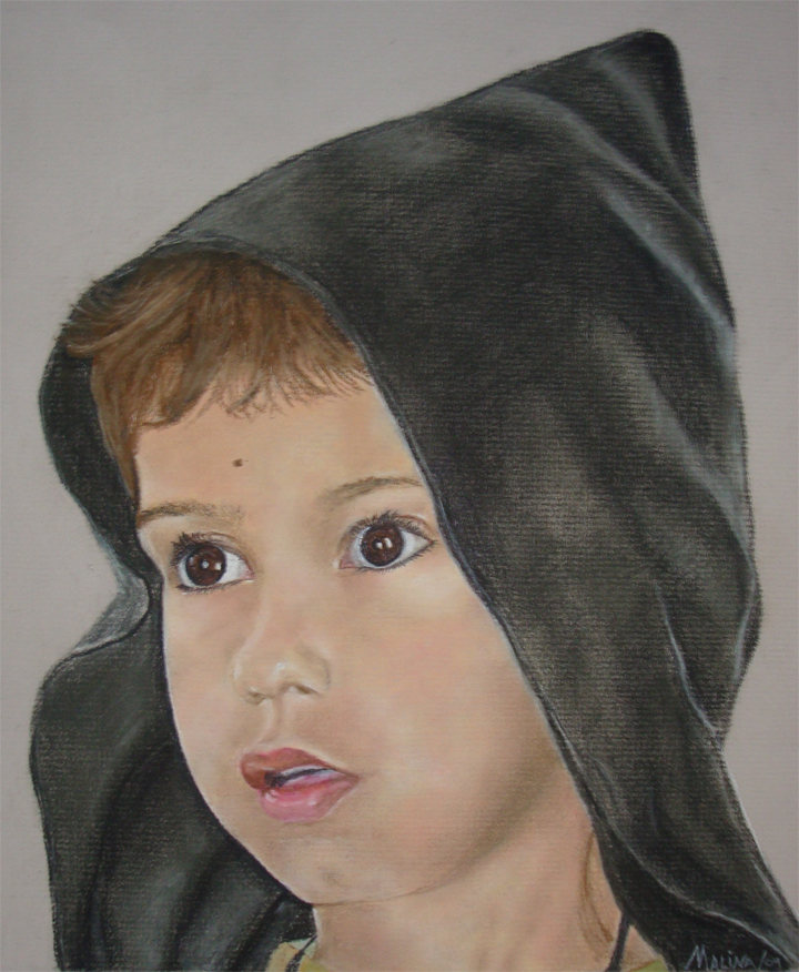 Pastel artwork of a child wearing a hood created during Art Class in Brushy Creek, showing expressive shading and mood