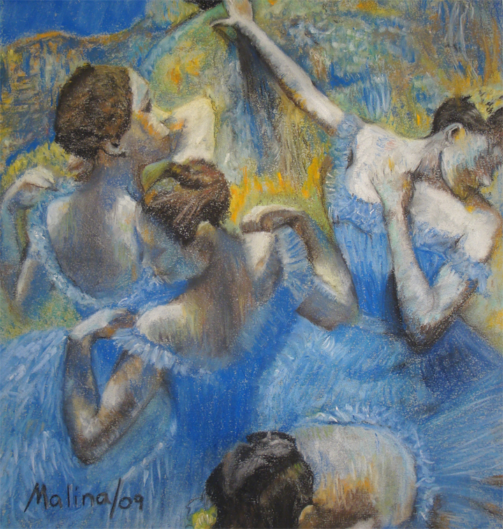 Pastel artwork of multiple women dancing created during Art Class in Circle C, capturing movement and form