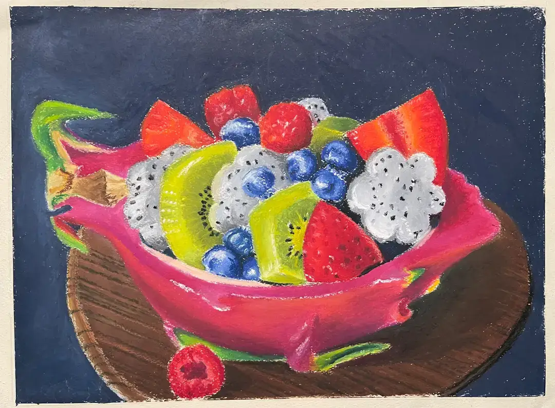 Still life painting of assorted fruits arranged inside a dragon fruit during Art Class in Avery Ranch