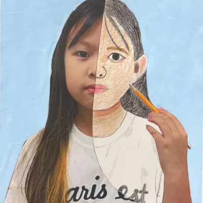 Young artist drawing half of their face over a self-photo using pastel during Art Class in South Austin, blending abstract and personal expression